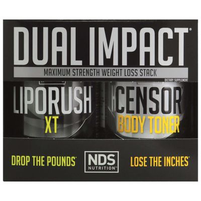 LIPORUSH NDS Nutrition Maximum Strength Dual Impact Stack - Complete 2-in-1 Fat Loss Stack Enhanced with Teacrine, L-Carnitine, CLA for Serious Results - Censor 90 Softgels XT 60 Capsules