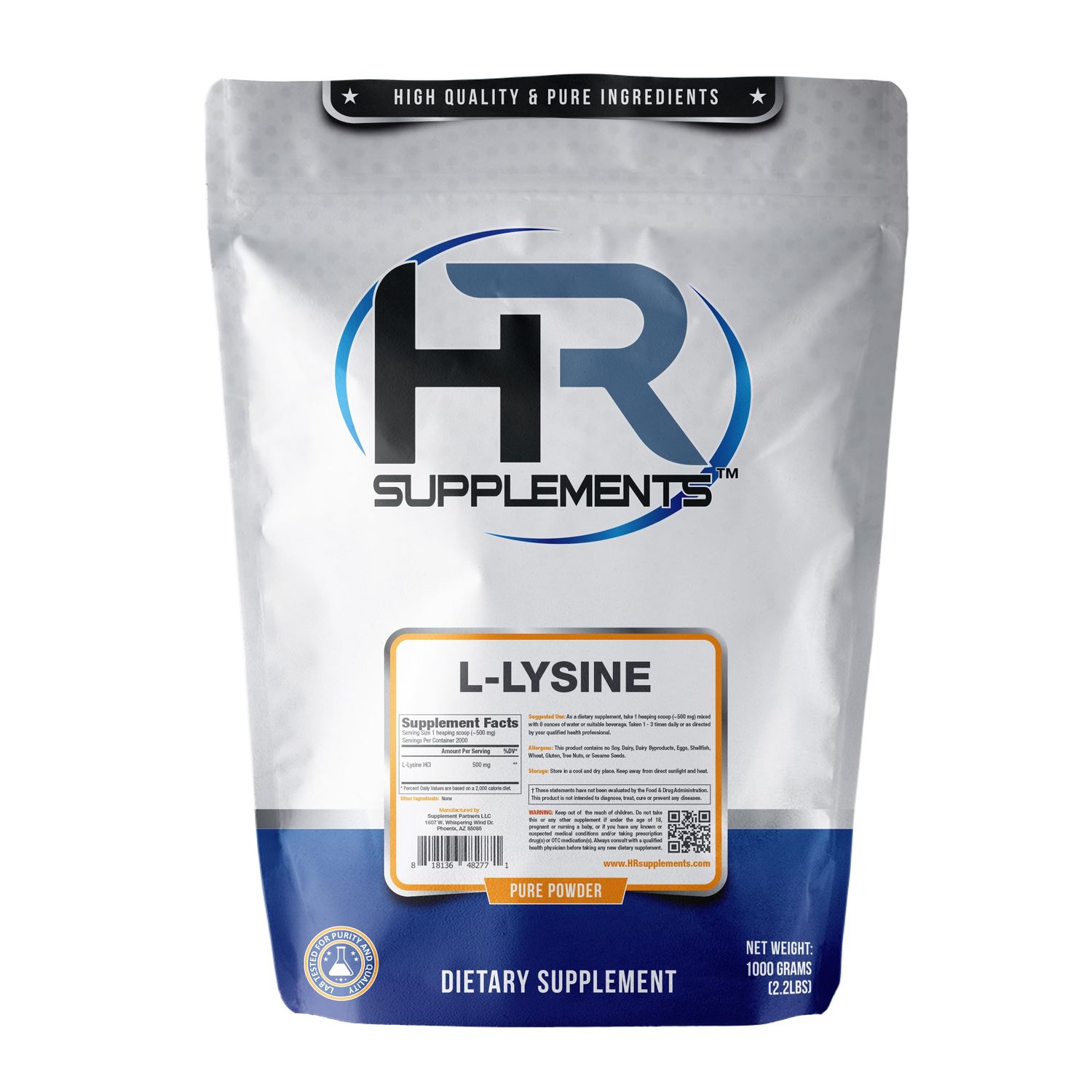 Hard Rhino HR Supplements L-Lysine Powder, Unflavored, Lab-Tested, Scoop Included - 1 Kilogram/2.2 Lbs (2000 Servings)