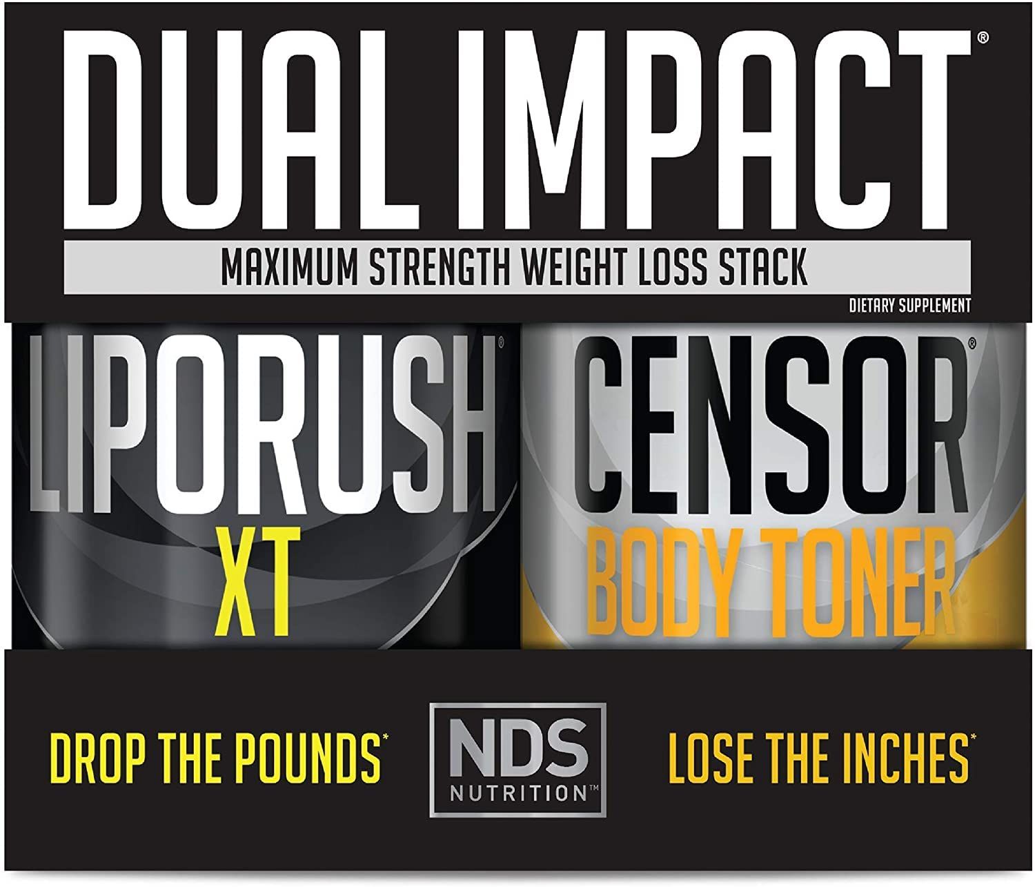 LIPORUSH NDS Nutrition Maximum Strength Dual Impact Stack - Complete 2-in-1 Fat Loss Stack Enhanced with Teacrine, L-Carnitine, CLA for Serious Results - Censor 90 Softgels XT 60 Capsules