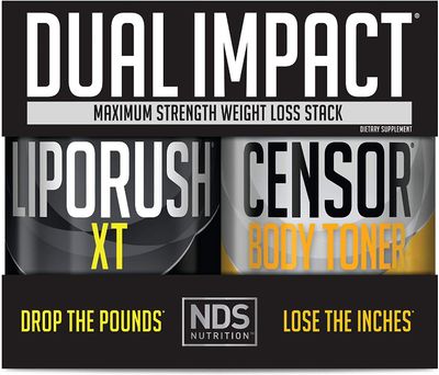 LIPORUSH NDS Nutrition Maximum Strength Dual Impact Stack - Complete 2-in-1 Fat Loss Stack Enhanced with Teacrine, L-Carnitine, CLA for Serious Results - Censor 90 Softgels XT 60 Capsules