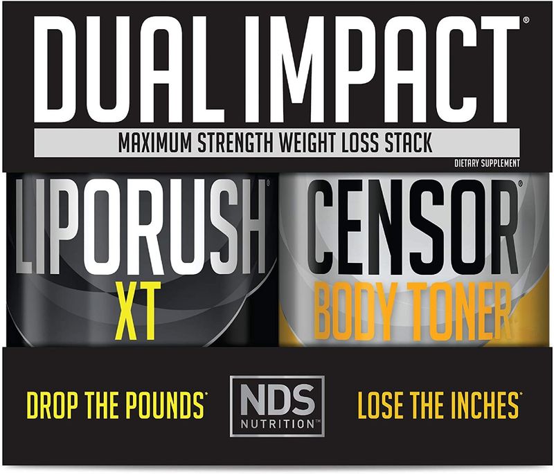 LIPORUSH NDS Nutrition Maximum Strength Dual Impact Stack - Complete 2-in-1 Fat Loss Stack Enhanced with Teacrine, L-Carnitine, CLA for Serious Results - Censor 90 Softgels XT 60 Capsules