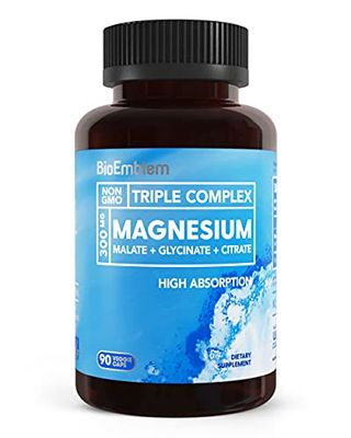 BioEmblem Triple Magnesium Complex | 300mg of Magnesium Glycinate, Malate, &amp; Citrate for Muscles, Nerves, &amp; Energy | High Absorption | Vegan, Non-GMO | 90 Capsules