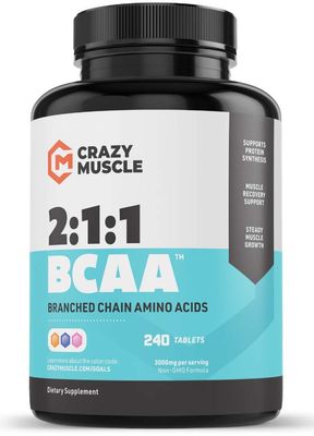 Crazy Muscle 3000mg BCAA Pills (2 Month Supply) with The Optimum 2:1:1 Ratio of Branched Chain Amino Acids for Recovery and Growth - 1000mg BCAAs per Pill (More Than BCAA Capsules) - 240 Tablets