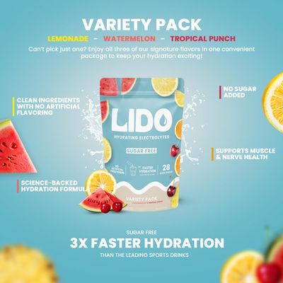 LIDO Hydrating Electrolytes | No Added Sugar | On The Go Powder Packets | No Artificial Ingredients | Vegan & Paleo Friendly | 28 Sticks - Variety Pack - Watermelon, Lemonade, Tropical Punch