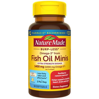 Nature Made Extra Strength Burp Less Omega 3 Fish Oil 1400 mg Minis, Fish Oil Supplements as Ethyl Esters for Healthy Heart, Brain and Eyes Support, Omega 3 Supplement, 60 Softgels, 30 Day Supply
