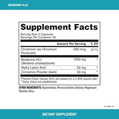 SlimFast Berberine Plus Capsules, Berberine Supplement, with Berberine hcl, Chromium Picolinate, Alpha Lipoic Acid, and Cinnamon Bark, 60 Count, 30 Servings