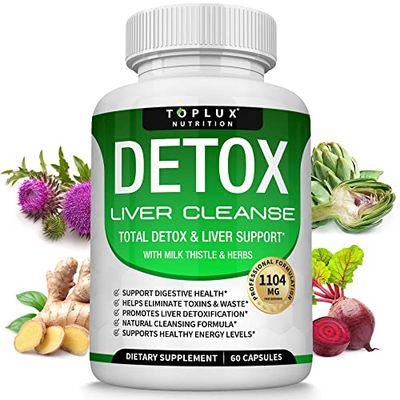 Detox Cleanse Liver Support &amp; Repair Formula - Liver Cleanser Natural 5 Day Detox, Support Digestion System, Flush Toxins &amp; Urinary Tract, Milk Thistle Extract 25+ Herbs, 60 Capsules, Toplux Nutrition