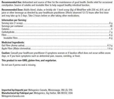 Metagenics MetaFiber - 6 g Dietary Fiber - Supports GI Regularity & Occasional Constipation Relief* - Fiber Blend Powder - Non-GMO & Gluten-Free - 10.72 oz