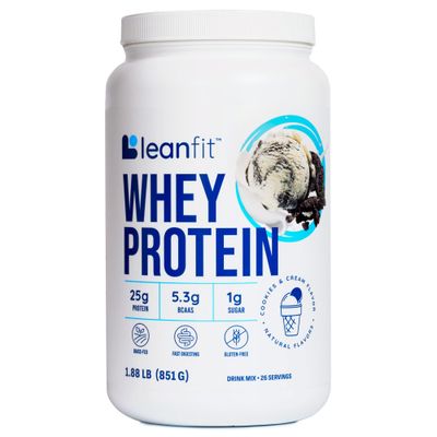 LeanFit WHEY Protein Cookies &amp; Cream - 100% Whey Protein Powder, 25g Protein Per Serving - Grass-Fed, Gluten-Free, BCAAs, Amino Acid - 26 Servings, 1.88 lb Tub