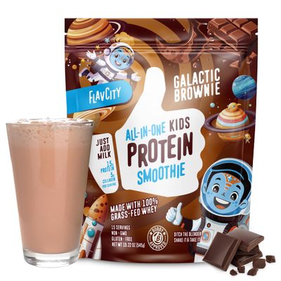 FlavCity All-In-One Protein Smoothie for Kids (Galactic Brownie) - Grass-Fed &amp; Undenatured Whey Protein Powder with 15g Protein &amp; 5g Collagen - Gluten-Free &amp; Non-GMO - 15 Servings
