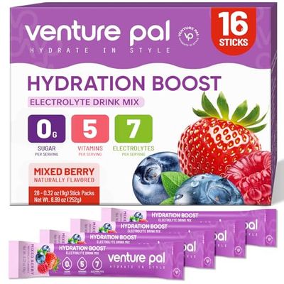 Venture Pal Sugar Free Electrolyte Powder Packets - Liquid Daily IV Hydration Packets | Electrolytes Drink Mix with 5 Vitamins &amp; 7 Electrolytes | Keto Friendly | Non-GMO | Certified Vegan | 16 Sticks
