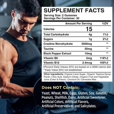 Creatine Monohydrate Gummies for Men & Women, Creatine Pre Workout Gummies with Taurine&B6, Chewable Creatine Monohydrate Gummies 5g, Increase Strength, Energy, Endurance, Muscle, Vegan, Organic