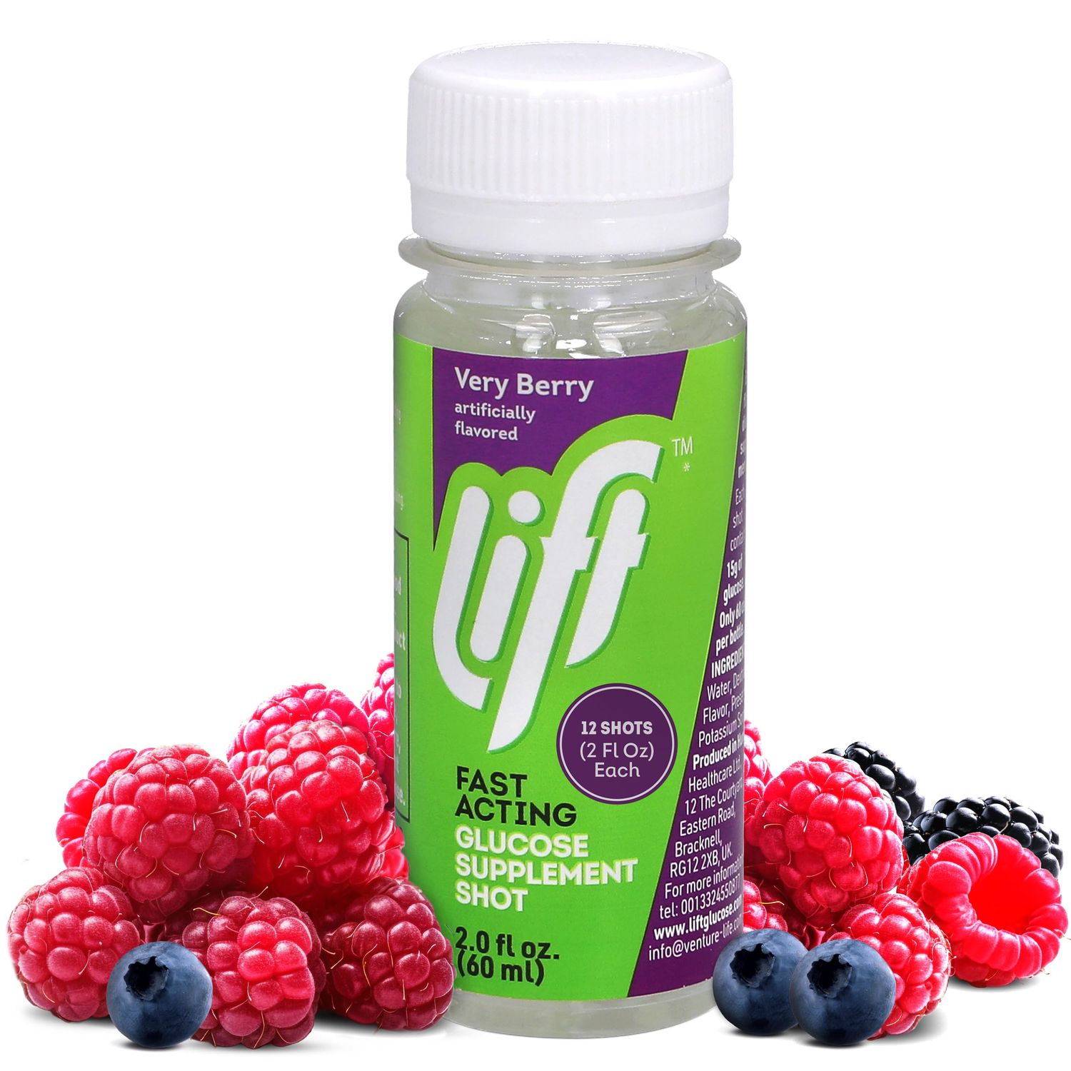 Lift Glucose | Fast-Acting Glucose Energy Juice Shots | Very Berry | Caffeine-Free | 2.0 fl oz Bottles (Pack of 12)