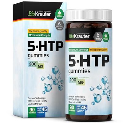 BIO KRAUTER 5 HTP Supplement Gummies - 5-HTP 200 mg - 90 Vegan Chews - Relaxation Support 5HTP Plus L Tryptophan Supplement - Pectin Based Formula