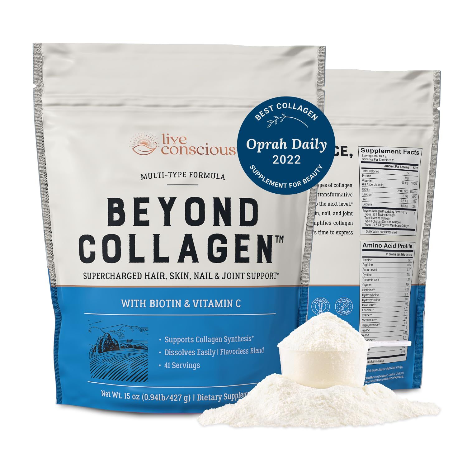 Live Conscious Beyond Collagen Multi Collagen Powder for Women w/Types I, II, III, V &amp; X - Keto Friendly, Hydrolyzed Collagen Peptides Powder Blend w/Biotin &amp; Vitamin C 41 Servings