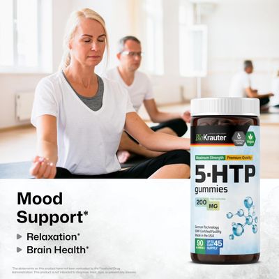 BIO KRAUTER 5 HTP Supplement Gummies - 5-HTP 200 mg - 90 Vegan Chews - Relaxation Support 5HTP Plus L Tryptophan Supplement - Pectin Based Formula