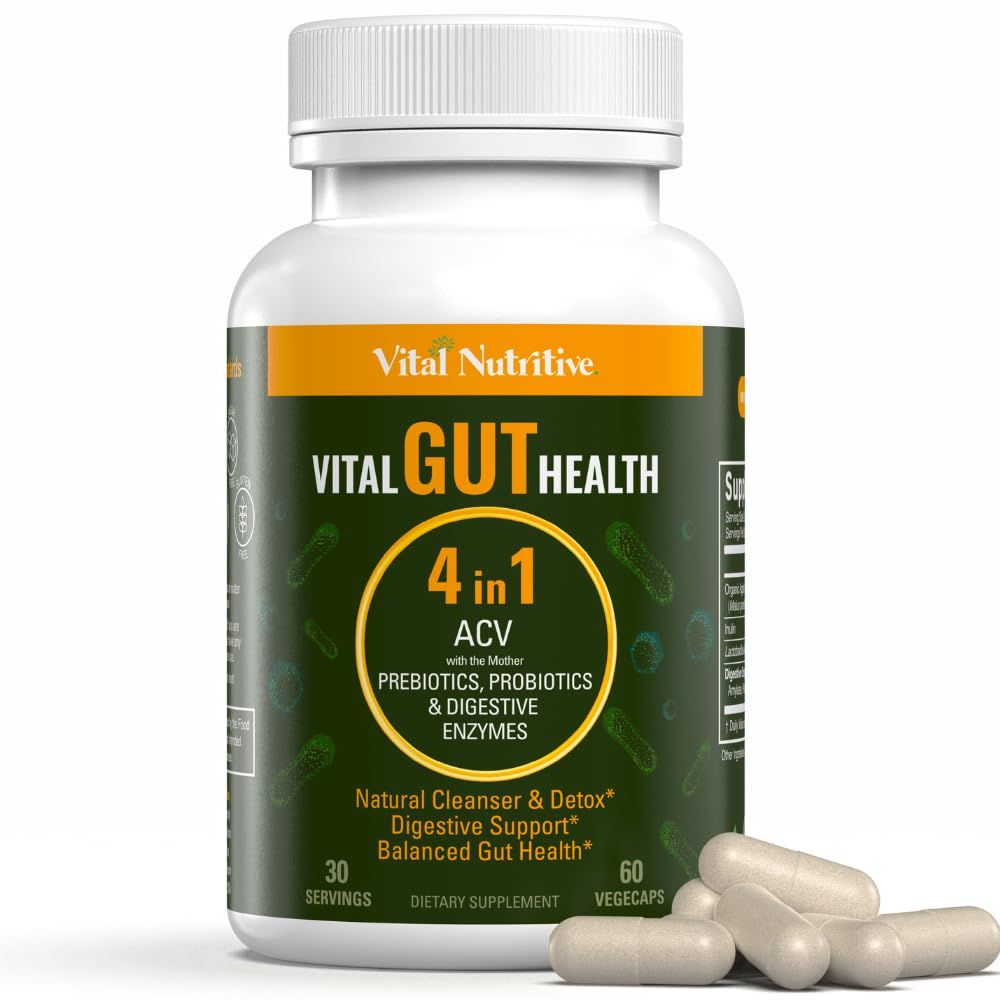 Vital Gut Health 4in1 Formula with Apple Cider Vinegar, Prebiotics &amp; Probiotics, Digestive Enzymes for Strong Immunity Support and Complete Gut and Digestion Support
