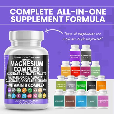 Clean Nutraceuticals Magnesium Complex 2285mg with Magnesium Glycinate Citrate Malate Oxide Taurate Aspartate Orotate & Mag Chloride, Zinc Copper Manganese & Vitamin C B1 B2 B6 B12 Complex - 90 Count