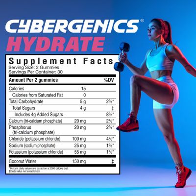 Cybergenics Hydrate Gummies, Vital Electrolytes, Supports Recovery, Supports Hydration, with Coconut Water, Potassium & Chloride, Cellular Hydration, Watermelon Flavor, 60 Gummies, 30 Servings