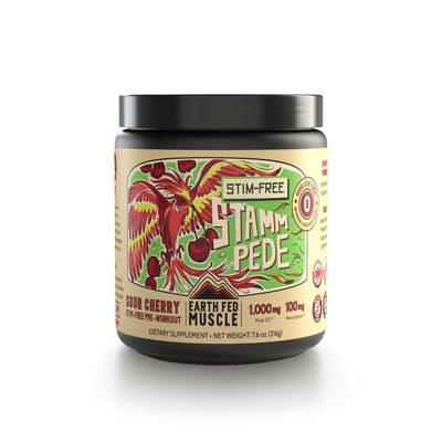 Earth Fed Muscle Stim-Free Stammpede Pre Workout, Sour Cherry, Stimulant and Caffeine Free, Boosts Energy, Endurance and Focus - Lion&#39;s Mane and Taurine - Soy Free, Gluten Free, Vegan - 30 Servings