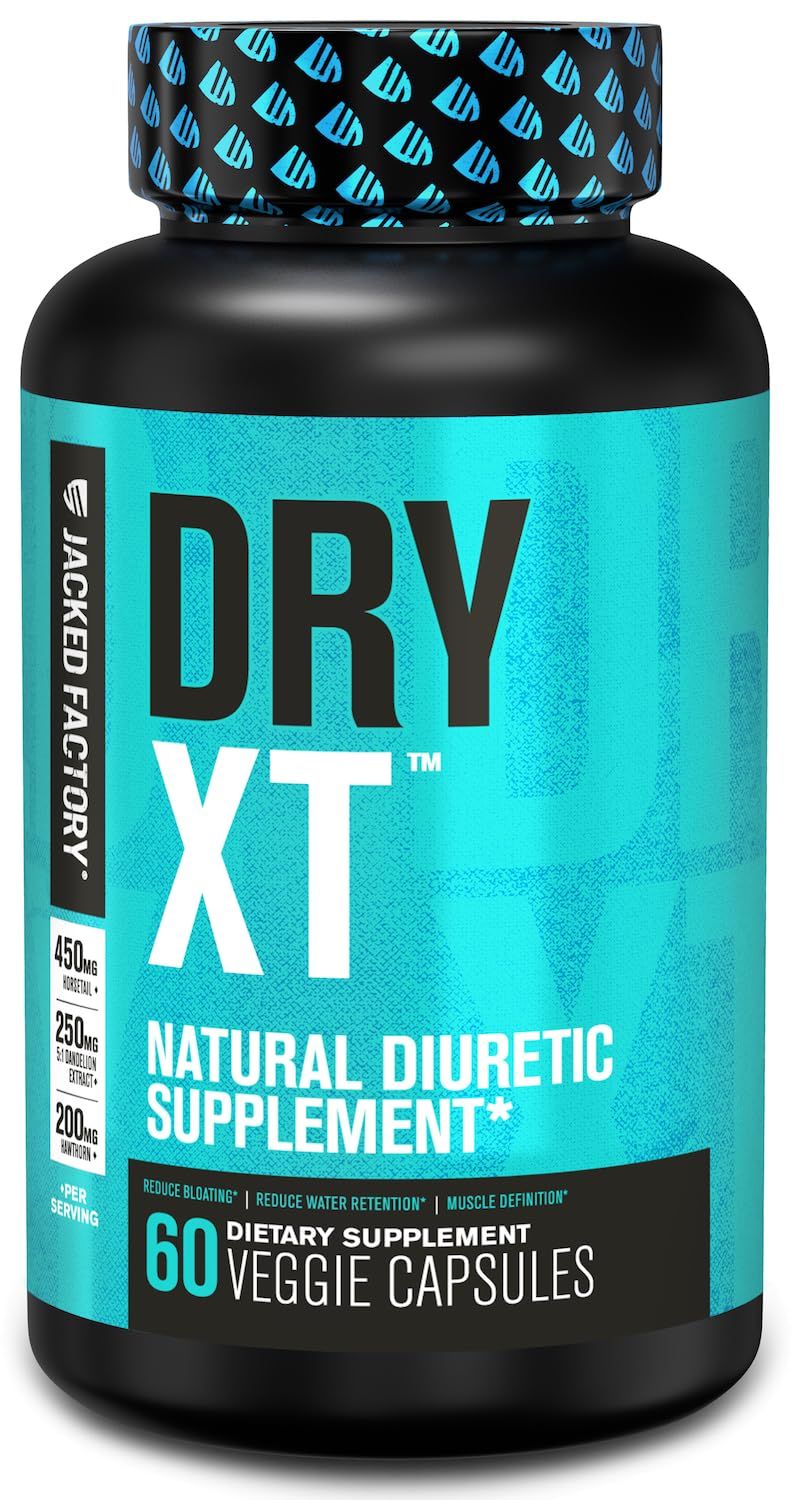 Jacked Factory Dry-XT Diuretic Water Pills - Natural Supplement | Reduces Water Retention &amp; Bloating | Dandelion Root Extract, Potassium, 7 More Powerful Ingredients - 60 Veggie Capsules