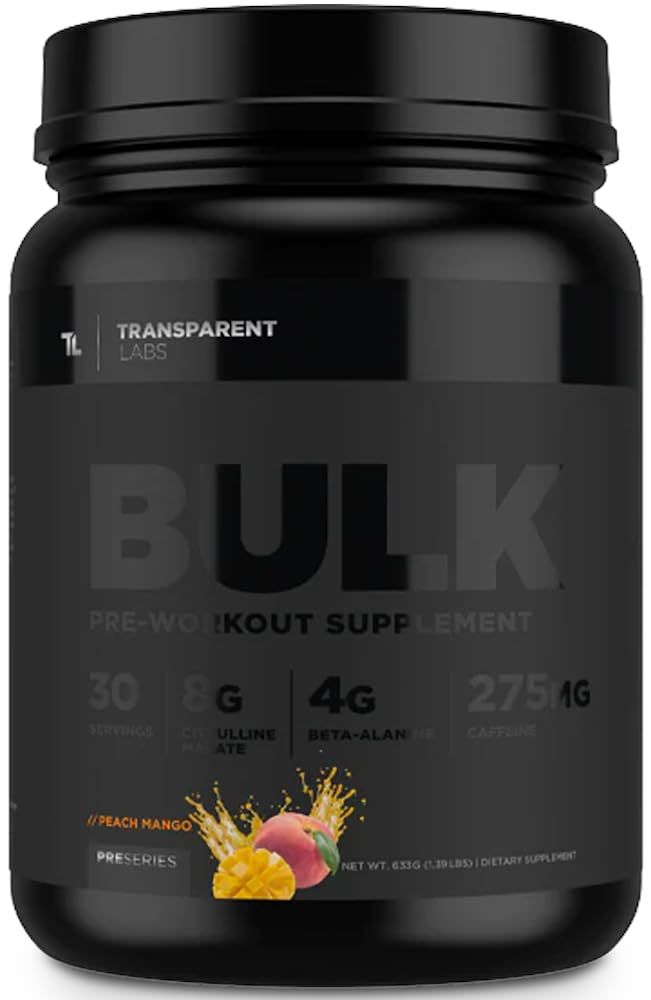 Transparent Labs Bulk Black Pre Workout - Clinically Dosed, Sugar Free Preworkout for Men and Women with Beta Alanine Powder, Citrulline Malate, &amp; Caffeine Powder- 30 Servings, Peach Mango