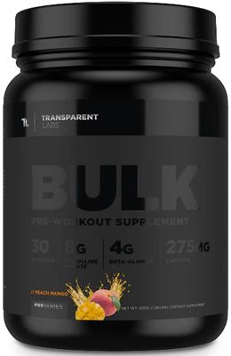 Transparent Labs Bulk Black Pre Workout - Clinically Dosed, Sugar Free Preworkout for Men and Women with Beta Alanine Powder, Citrulline Malate, &amp; Caffeine Powder- 30 Servings, Peach Mango