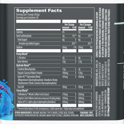 Pre Workout Powder Energy Drink | Vegan, Plant-Based, Pre-Workout Supplement | Pump, Hydrate, Focus, Endurance, &amp; Strength Builder | Blue Raspberry Pineapple Flavored | 30 Servings | Active Preworkout