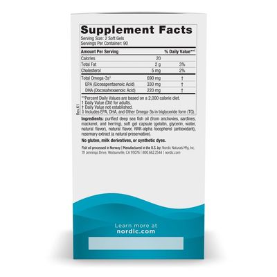 Nordic Naturals Omega-3, Lemon Flavor - 180 Soft Gels - 690 mg Omega-3 - Fish Oil - EPA &amp; DHA - Immune Support, Brain &amp; Heart Health, Optimal Wellness - Non-GMO - 90 Servings