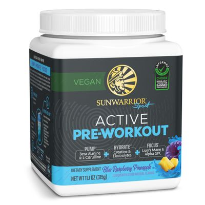 Pre Workout Powder Energy Drink | Vegan, Plant-Based, Pre-Workout Supplement | Pump, Hydrate, Focus, Endurance, &amp; Strength Builder | Blue Raspberry Pineapple Flavored | 30 Servings | Active Preworkout