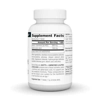 Source Naturals Acetyl L-Carnitine &amp; Alpha-Lipoic Acid, for Cellular Vitality*, 650mg - 60 Tablets