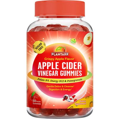 Plantarr Apple Cider Vinegar Gummies, ACV Gummies with Folate, B12, Pomegranate, Organic, Raw, Unfiltered with Mother, for Healthy Weight, Low Calorie, No Sugar, Crispy Apple Flavor, 60 Gummies