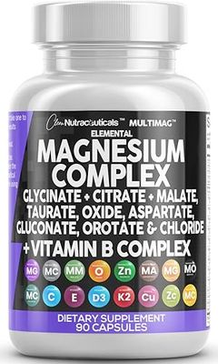 Clean Nutraceuticals Magnesium Complex 2285mg with Magnesium Glycinate Citrate Malate Oxide Taurate Aspartate Orotate &amp; Mag Chloride, Zinc Copper Manganese &amp; Vitamin C B1 B2 B6 B12 Complex - 90 Count