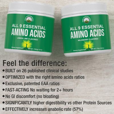 All 9 Essential Amino Acids Powder with 26 Clinical Studies. EAAs 32X Effective vs BCAA/BCAAS Branched Chain Aminos. Pre or Post Workout EAA Supplement. Perfect for Energy, Muscle Growth. Wildberry