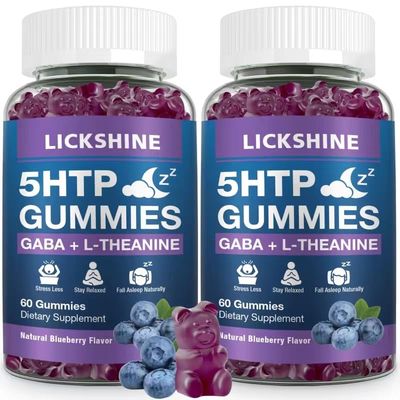 2 Pack 300MG 5-HTP GABA Sleep Supplement Gummies with 200mg L-Theanine Supplement for Brain, Mood Stabilizer and Sleep Support, Melatonin-Free, Omega 3-6-9 for Natural Zzzs, Blueberry Flavor