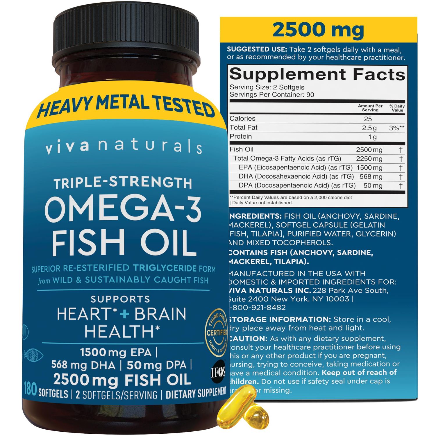 Viva Naturals Omega 3 Fish Oil Supplement - 2500 mg Triple Strength Fish Oil Pills with Re-Esterified Omega 3 Fatty Acids Including EPA, DHA DPA - 180 Pescatarian-Friendly Softgels