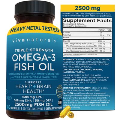 Viva Naturals Omega 3 Fish Oil Supplement - 2500 mg Triple Strength Fish Oil Pills with Re-Esterified Omega 3 Fatty Acids Including EPA, DHA DPA - 180 Pescatarian-Friendly Softgels