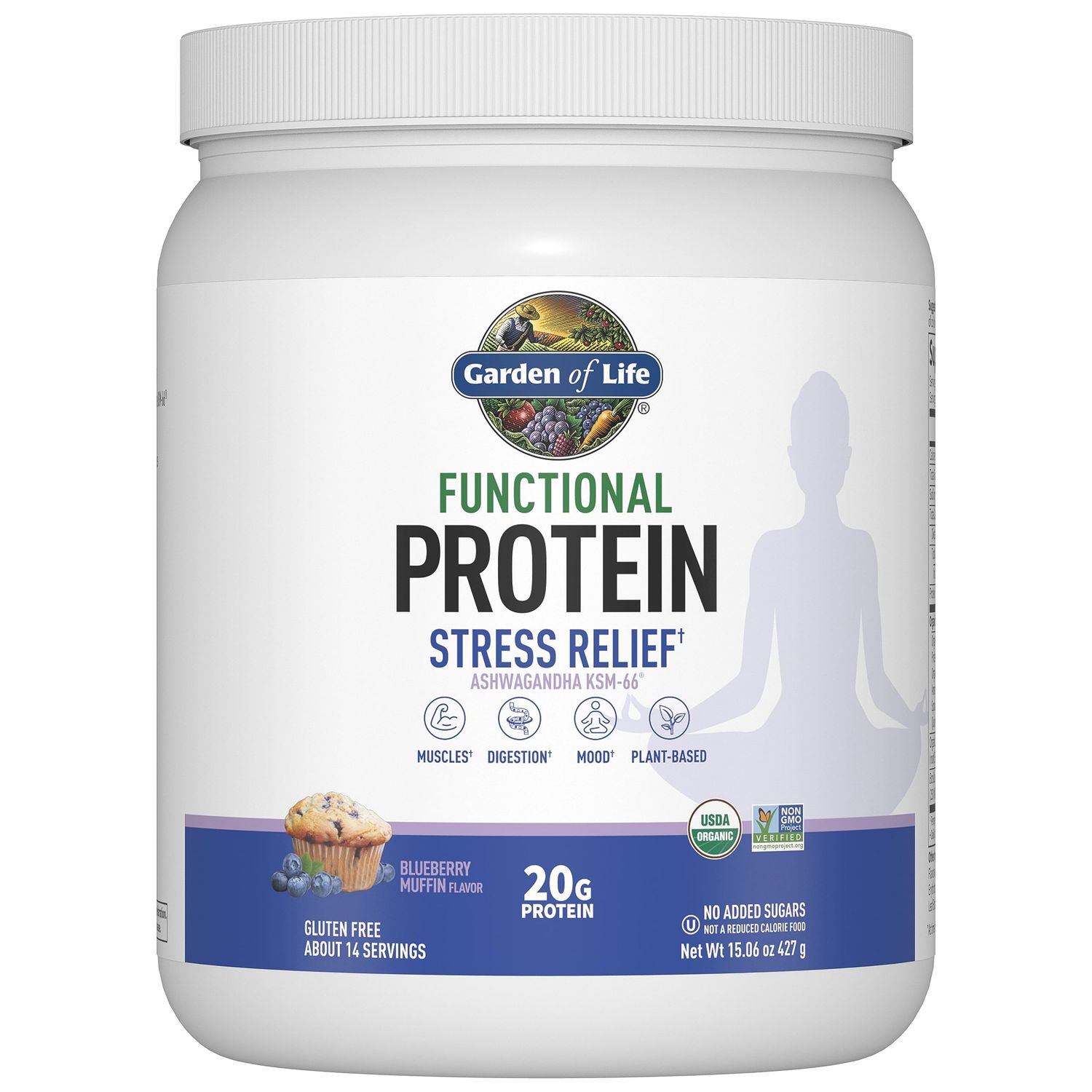 Garden of Life Functional Protein Stress Relief - 20g Organic Sprouted &amp; Fermented Protein Blend - Blueberry Muffin, Mood Blend for Stress Management, Ashwagandha KSM-66, Vegan About 14 Servings