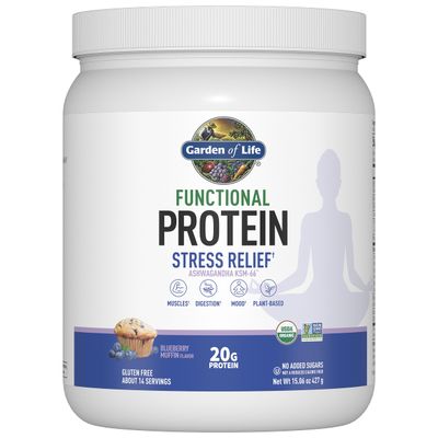 Garden of Life Functional Protein Stress Relief - 20g Organic Sprouted &amp; Fermented Protein Blend - Blueberry Muffin, Mood Blend for Stress Management, Ashwagandha KSM-66, Vegan About 14 Servings