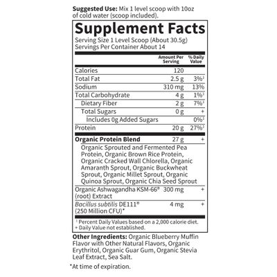 Garden of Life Functional Protein Stress Relief - 20g Organic Sprouted & Fermented Protein Blend - Blueberry Muffin, Mood Blend for Stress Management, Ashwagandha KSM-66, Vegan About 14 Servings