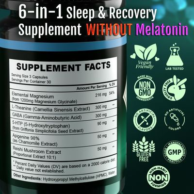 Vitality Labs Natural Sleep Aid Supplement for Adults Without Melatonin - Non-Habit Forming Herbal Sleep - GABA, L-Theanine, Reishi Mushroom, Apigenin, Magnesium Glycinate, 5-HTP - 90 Vegan Capsules