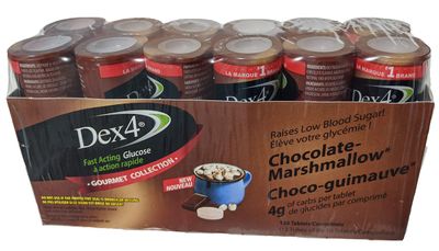 Dex4 Glucose Tablets, Chocolate Marshmallow, 12-Pack of Dex4 Tubes, 10 Tablets in Each Tube, Each Tablet Contains 4g of Fast-Acting Carbs