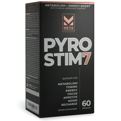 METISNutrition Pyro Stim 7 Metabolism Booster Fat Loss Support Energy Boost - Once-A-Day Thermogenic with Teacrine for Focus, Appetite Control, Muscle Toning, and Mood Control (60 Capsules)