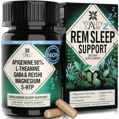 Vitality Labs Natural Sleep Aid Supplement for Adults Without Melatonin - Non-Habit Forming Herbal Sleep - GABA, L-Theanine, Reishi Mushroom, Apigenin, Magnesium Glycinate, 5-HTP - 90 Vegan Capsules