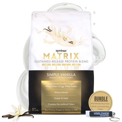 Syntrax Bundle Matrix Protein Powder 5.0 Sustained-Release Casein Protein and Whey Protein Powder - Instant Mix Simply Vanilla Protein Powder Flavor, 5lbs with Worldwide Nutrition Keychain