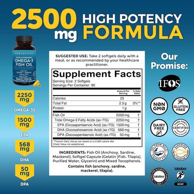 Viva Naturals Omega 3 Fish Oil Supplement - 2500 mg Triple Strength Fish Oil Pills with Re-Esterified Omega 3 Fatty Acids Including EPA, DHA DPA - 180 Pescatarian-Friendly Softgels