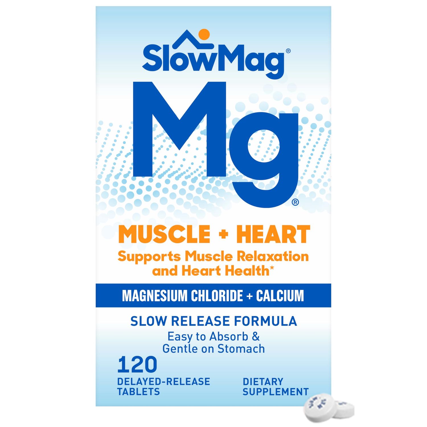SlowMag Muscle + Heart Magnesium Chloride with Calcium Supplement to Support Muscle Relaxation, Occasional Muscle Cramping &amp; Heart Health, High Absorption, 120 Count