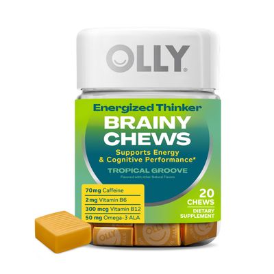 OLLY Energized Thinker Brainy Chews, 70mg of Caffeine, Vitamin B12 &amp; Omega-3, Energy Supplement, Tropical, Vegetarian, 20 Count