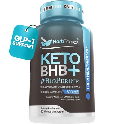 Herbtonics High Strength Keto Capsules with Bioperine for Enhanced Absorption - Gluten-Free BHB Salts for Ketosis, Fasting, and GLP-1 Support. Boosts Energy &amp; Focus. 60 Vegan Capsules