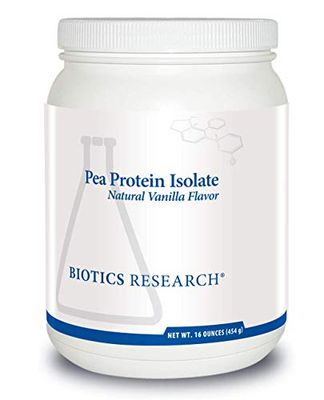 Biotics Research Pea Protein Isolate Natural Vanilla Flavored. Mixes Easily with Water or Juice. Premium Pea Protein. 21 gram Clean Protein per Serving 16 Ounces